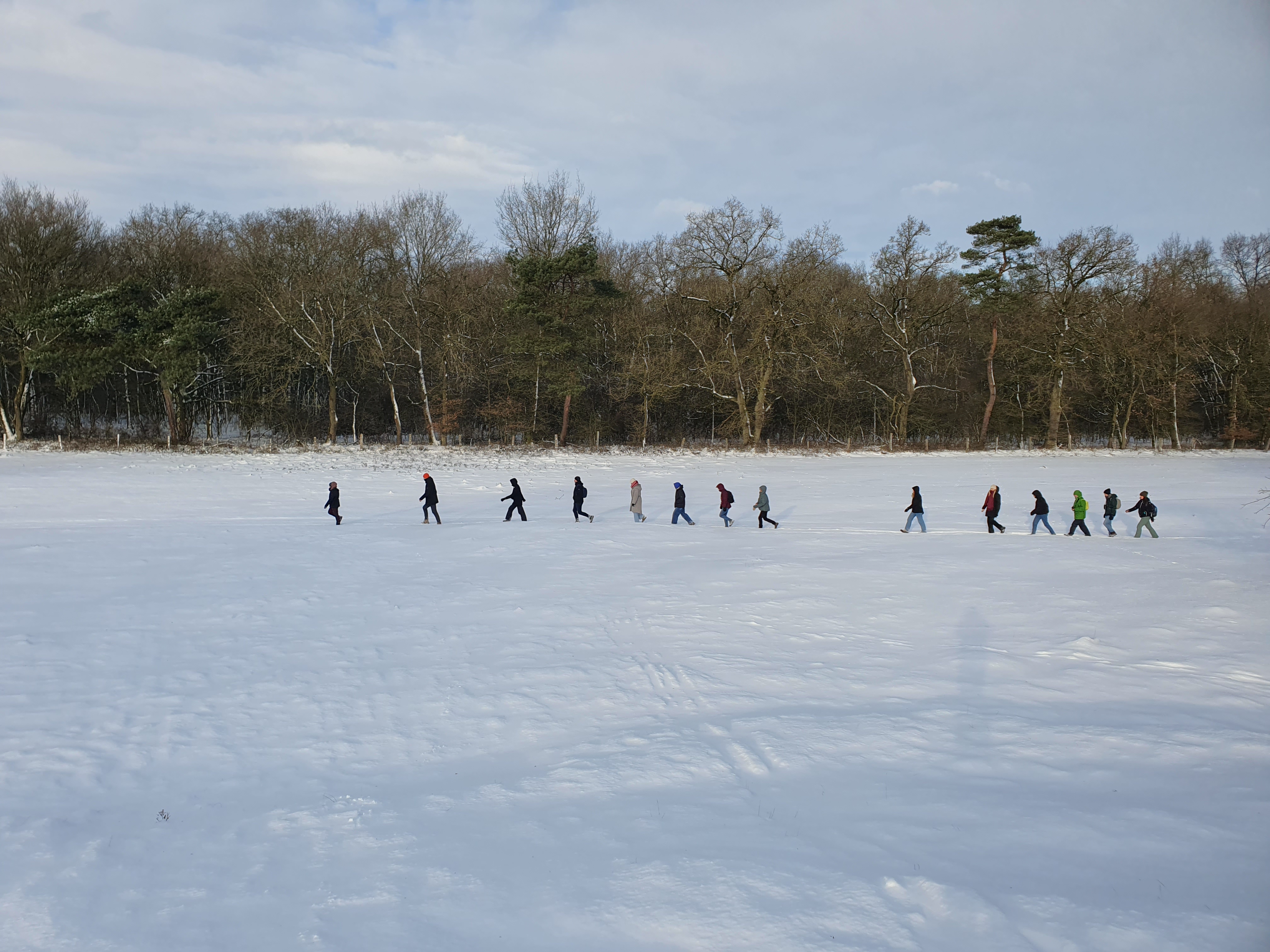 Das Bild zeigt eine Gruppe, die in einem Naturschutzgebiet durch tiefen Schnee läuft.