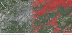 Versiegelte Flächen im Stadtgebiet Wuppertal. Links: Digitales Orthophoto (2021), Rechts: Überlagerung mit erstelltem Versiegelungslayer