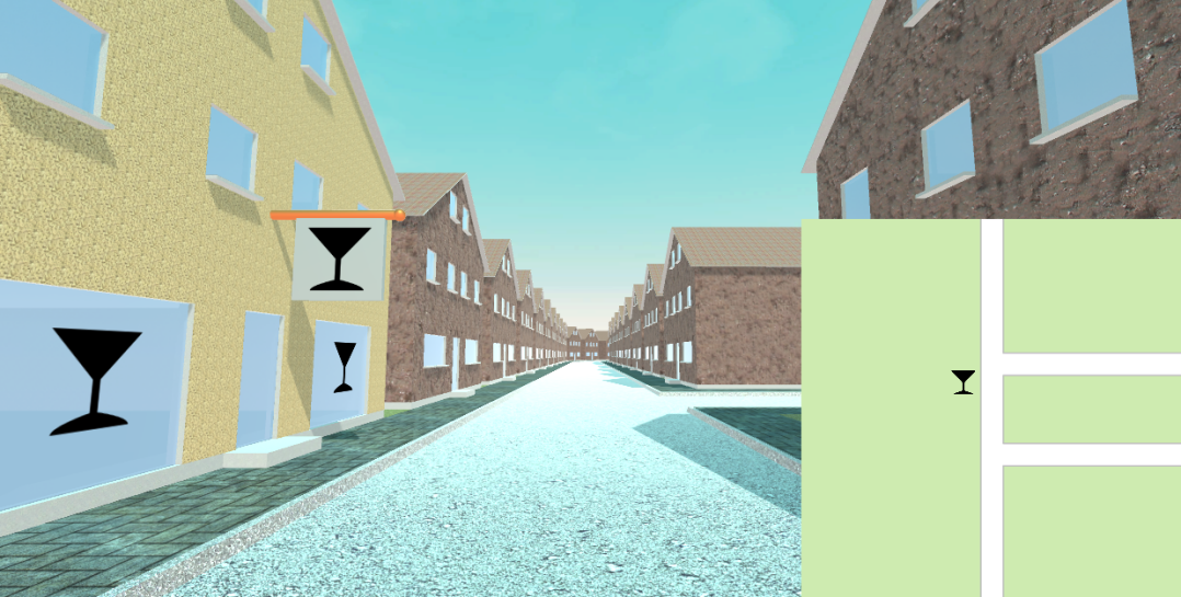 Abb. 2. Kartenabgleichsaufgabe. Die Versuchsteilnehmer sahen eine virtuelle 3D-Umgebung und eine entsprechende Kartendarstellung. Zufällige räumliche Ungenauigkeiten wurden auf die Landmarkendarstellung in der Karte angewendet, um die Auswirkungen räumlicher Ungenauigkeiten auf die Kartenübereinstimmung zu untersuchen. Abb. 2. Kartenabgleichsaufgabe. Die Versuchsteilnehmer sahen eine virtuelle 3D-Umgebung und eine entsprechende Kartendarstellung. Zufällige räumliche Ungenauigkeiten wurden auf die Landmarkendarstellung in der Karte angewendet, um die Auswirkungen räumlicher Ungenauigkeiten auf die Kartenübereinstimmung zu untersuchen.